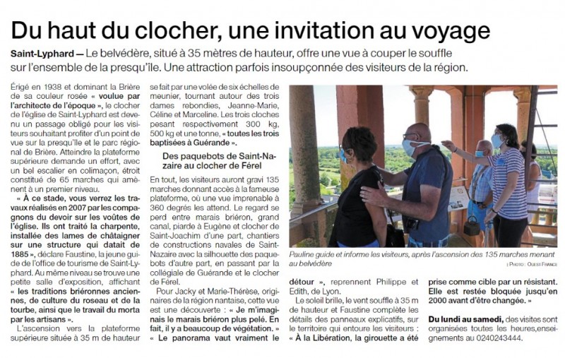 Article la visite guidée du clocher de Saint-Lyphard - Ouest France 25-26/07/2020 